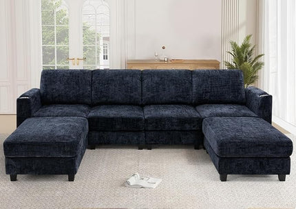 110" Chenille Sectional Sofa with Movable Ottomans, Modular U-Shape Couch with Cup Holders, Convertible 4 Seater Sofa with Well-Filled Backrest Cushions for Living Room, House, Blue