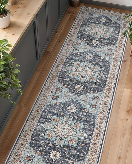 Washable Oriental Hallway Runner Rug - 3x12 Rugs for Living Room Soft Carpet for Bedroom Kitchen Waterproof Floral Distressed Indoor Stain Resistant Non-Shedding Floor Carpets (Blue/Teal/Orange, 3X12)