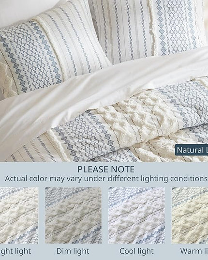 Ink+Ivy Comforter for King Size Bed, Chenille Tufted, Breathable Cotton Comforter Set King, All Season Modern Boho Comforter with Farmhouse Bedding Flare, 2 Matching Shams, King White/Navy 3 Piece