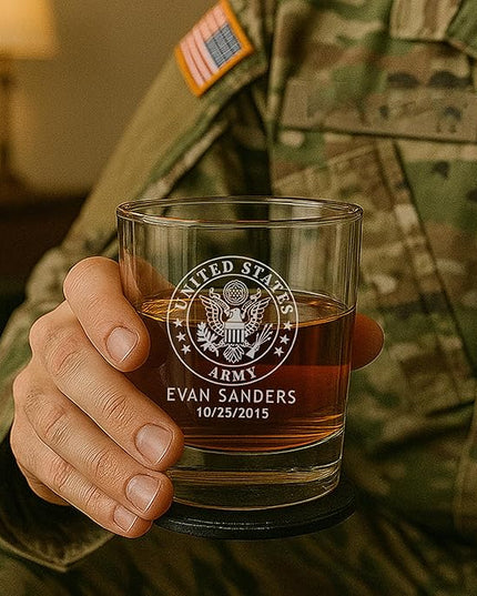 Personalized Military Sets - Custom Engraved Decanter & 4 Scotch Glasses - Army, Navy, Air Force, Coast Guard - Active Duty & Veterans (Scotch Glass Set)
