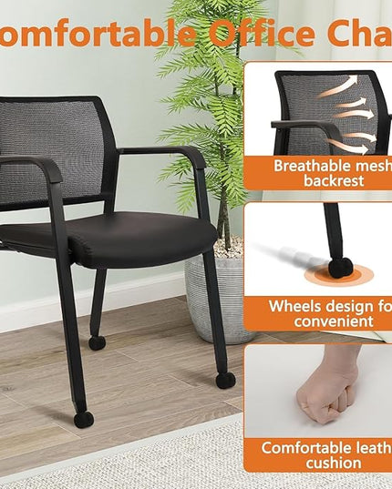 CLATINA Stacking Office Chair with Wheels, Mesh Back Waiting Room Guest Chairs with Arms Comfortable Leather Cushion Stackable Desk Chair for Conference Reception School Side Stationary, Black, 8 PK