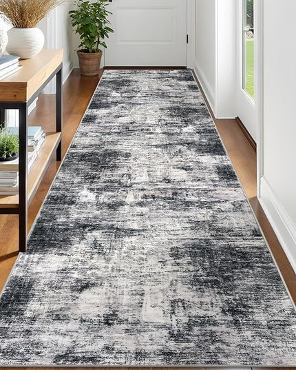 IOHOUZE Abstract Runner Rug 3x12 Ft Washable Runners for Hallways, Non Slip Kitchen Runner Printed Faux Wool Entryway Runner Indoor, Modern Abstract Floor Carpet for Hall Kitchen, Black Grey