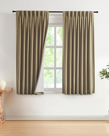 Vision Home Brown Pinch Pleated Full Blackout Curtains Linen Blended Room Darkening Window Curtains 72 inch for Living Room Bedroom Thermal Insulated Pinch Pleat Drapes with Hooks 2 Panel 40" Wx72 L