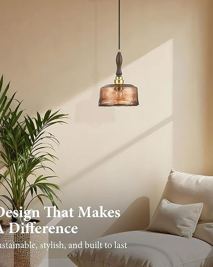 Modern Amber Glass Pendant Light, 6.7"x9.2" Round Hanging Fixture with Golden Wood Accent & Brass Cap, 15"-72" Adjustable Line, E26 Socket – Golden Amber Circle