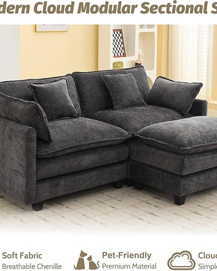 76'' Cloud Deep Seat Loveseat Sofa, Upholstered Chenille Modular 3-Seats Sectional Sofa Couch with Movable Ottoman, Modern Comfy Settee Loveseat for Living Room Set, Small Apartment, Dark Grey