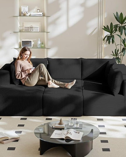 138" Boneless Couches for Living Room, Modular Cloud Couch Sofa - 5 Pieces U Shap Corduroy Sectional Sofa, Fluffy Memory Foam Sleeper Sofa Furniture, No Assembly, Wide Armrest, Black