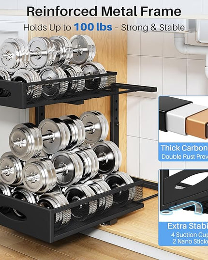 Under Sink Organizer, 2 Pack 2 Tier Pull Out Under Cabinet Organizer Shelf with Pad for Framed Cabinets, Metal Slide Out Under Sink Storage, Mesh Sliding Drawers for Kitchen Bathroom Laundry, Black