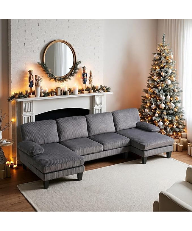 VINGLI 110" Sectional Couches for Living Room,U Shaped Couch with Double Chaise, 4-Seat Sofa Set with Corduroy Fabric for Home Furniture,Grey