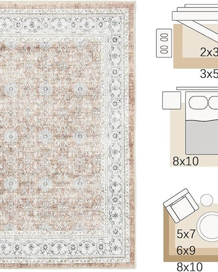 jinchan Floral 5x7 Area Rugs for Bedroom - Machine Washable Vintage Distressed Boho Design Throw Rug Stain Resistant Carpet Low-Pile Thin Non-Slip for Nursery Living Room Dining Room (5‘x7', Orange)