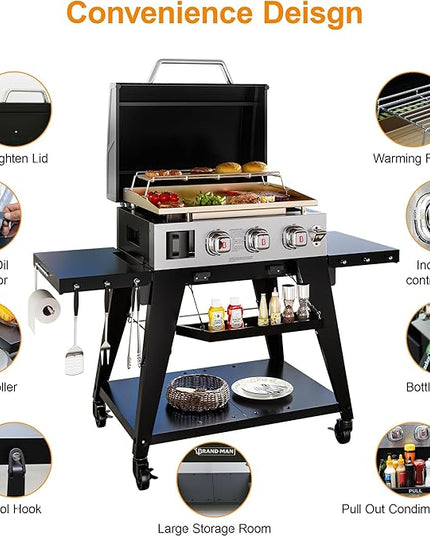 Brand-Man 3-Burner Portable Propane Gas Griddle with Lid - 28,000 BTU Flattop Griddle Grill, 504 Sq. In., Folding Side Tables, Rolling Cart for Outdoor BBQ, Camping, Patio