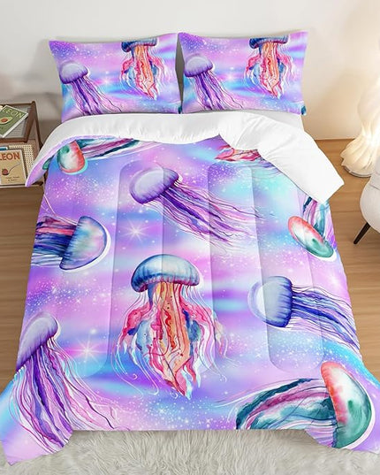 Kawaii Bedding Color Jellyfish Comforter Set King Size,Rainbow Flash Pattern Comforter for Teens Kids Girls Room Decor,Marine Animal Theme Beach Bedding Set with 2 Pillowcases.