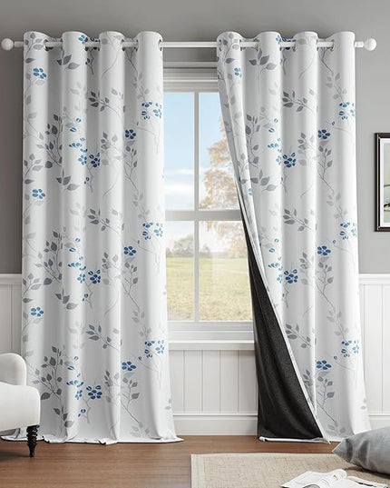 Beauoop Floral 100% Blackout Curtains 96 Inches Long 2 Panels for Bedroom Living Room Blue Grey and White Flower Patterned Room Darkening Thermal Soundproof Grommet Window Treatments Drapes, 52X96