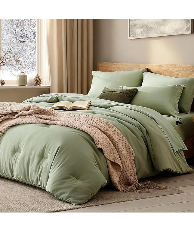 WRENSONGE Oversized Queen Comforter Set - 7 Pieces Sage Green Bed in a Bag Queen with Sheets, 2 Pillow Shams, and 2 Pillowcases- Warm Bedding Sets Queen for All Season