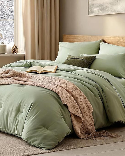 WRENSONGE Queen Comforter Set - 7 Pieces Sage Green Soft Bed in a Bag Queen with Fitted Sheet, Flat Sheet, 2 Pillow Shams, and 2 Pillowcases- Warm Bedding Sets Queen for All Season