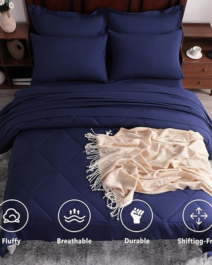 NTBAY King Comforter Set with Sheets, 7 Pieces Soft and Breathable King Bedding Set, Bed in a Bag, Down Alternative Comforter Set Solid Color All Season, Navy Blue