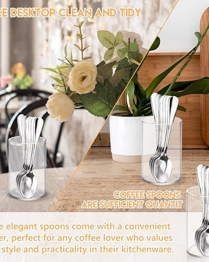 6 Pcs Mini Coffee Spoons with Holder 4.7 inch Demitasse Espresso Stainless Steel Spoons Silver with Acrylic Cylinder Holder for Coffee Bar Home Tea Party (6)