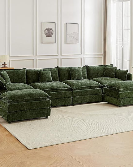 Modular Sectional Sofa, 147.2 Inch U Shaped Couch Set with Armrests, 4-Seater Comfy Cloud Couches with Movable Ottoman for Living Room Apartment, Green