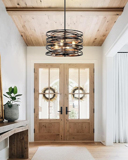 Farmhouse Chandelier,15" Drum Semi Flush Mount Chandelier Rustic Wood Grain Black Farmhouse Chandeliers for Dining Room Retro Metal Entryway Light Fixture Pendant Light for Foyer Kitchen Bedroom