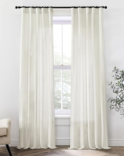 XTMYI 86 Inch Linen Curtains,2 Panels Set Semi Sheer Boho Back Tab Pleated Rod Pocket Curtain Drapes for Living Room Bedroom,Cream Ivory,40x86 in Long