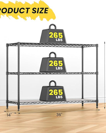 3-Shelf Adjustable Storage Shelves 36" W x 14" D x 36" H Metal Shelving Unit Heavy Duty Wire Rack Small Organizer with 3 Shelf Liners for Kitchen Pantry Bathroom Laundry Closet Garage Black