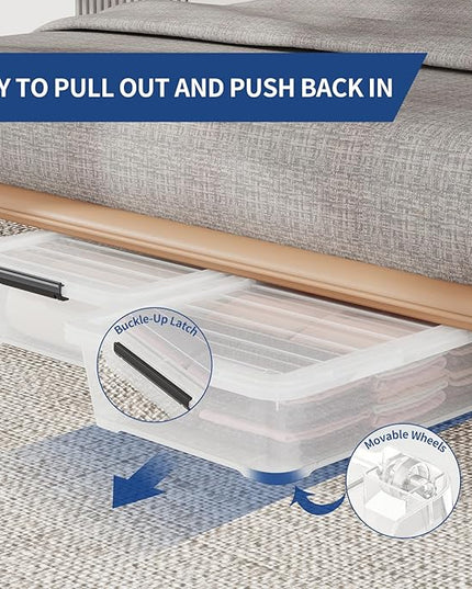4Pack 40 Qt Plastic Under Bed Storage Organizer Bin Container with Secure Lids and Durable Wheels, Clear