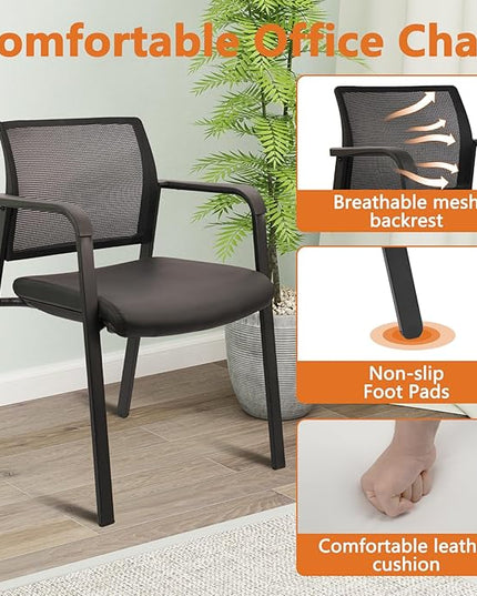 CLATINA Stackable Office Chair, Mesh Back Guest Chairs with Comfortable Leather Seat Arms Stacking Ergonomic Desk Chair No Wheels for Conference Waiting Reception School Stationary, Black, Set of 2