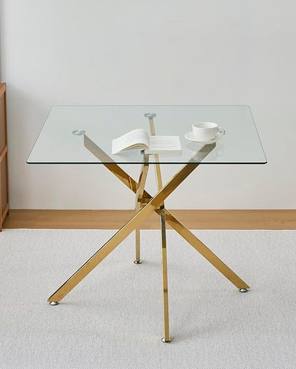 36" Square Glass Dining Table Modern Kitchen Glass Top Table for 4 with Gold Chrome Metal Legs, Clear Dining Table Kitchen Table for Home Office Dining Room