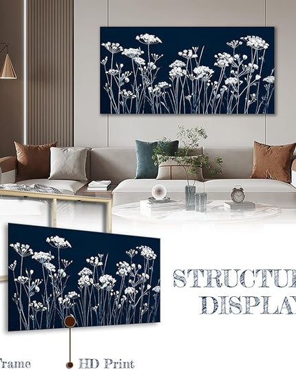HUADAOART Canvas Wall Art Navy Blue and White Dandelion Wildflower 20" x 40" Artwork Modern Home Decor for Living Room Bedroom Office Decor Ready To Hang
