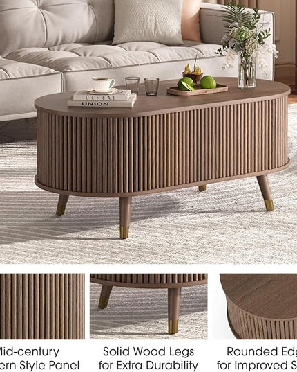 Oval Coffee Table with Storage, 42.5” Fluted Coffee Table with Lifting Top & Solid Wood Legs, Mid Century Modern Center Table for Living Room, Home Office, Walnut