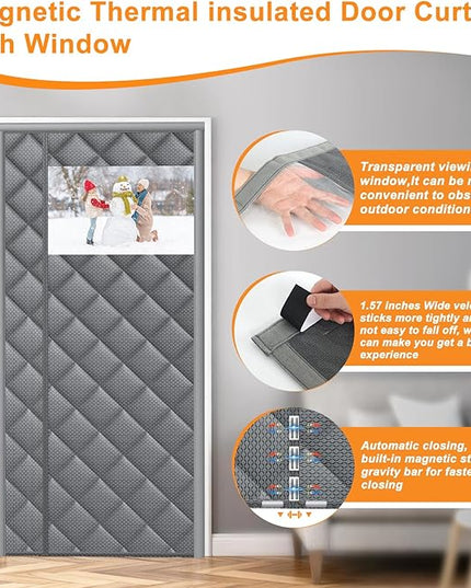 Magnetic Thermal Insulated Door Curtain Fit 30" X 80" with Clear Window, Thermal Door Cover for Winter, Thicken Oxford Cloth and Cotton Automatic Folding Insulation Cover Blanket for Winter