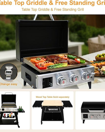 Brand-Man 3-Burner Portable Propane Gas Griddle with Lid - 28,000 BTU Flattop Griddle Grill, 504 Sq. In., Folding Side Tables, Rolling Cart for Outdoor BBQ, Camping, Patio