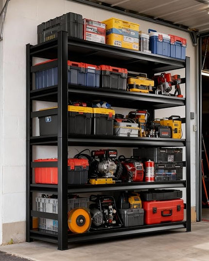 Metal Garage Shelving Unit, Heavy Duty 5-Tier Adjustable Storage shelves, Steel Shelving, 3000 lbs Capacity, Industrial Shelves for Heavy Tools and Equipment, Ideal for Garage, Basement, Black, 72"