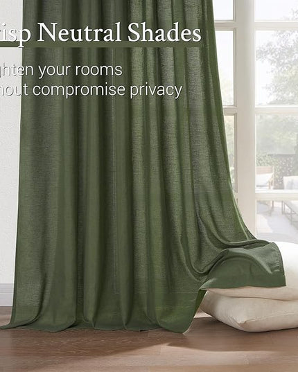 Topfinel 102 Inch Pinch Pleated Linen Curtains 2 Panels,Olive Green Semi Sheer Curtains with Pleated Hooks Back Tab for Track System,Extra Long 9ft Curtain for Living Room Bedroom,72x102