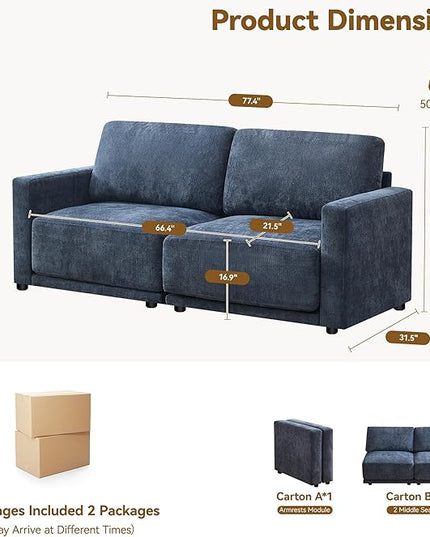 77.4" Chenille Modular Loveseat Oversized Upholstered 2 Seater Sectional Sofa with Thickened Cushions, Easy Assembly, Modern Comfy Love Seat Couch for Living Room, Blue