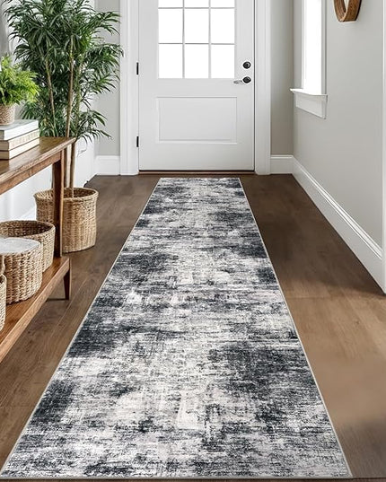 IOHOUZE Abstract Runner Rug 2x10 Ft Washable Runners for Hallways, Non Slip Kitchen Runner Printed Faux Wool Entryway Runner Indoor, Modern Abstract Floor Carpet for Hall Kitchen, Black Gey