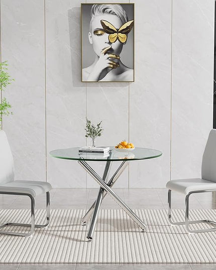 HomVent Round Glass Dining Table Set for 2, 3-Piece Modern Kitchen Table Set with 2 PU Upholstered Chair for Kitchen Dining Room, Glass Dining Room Table Set