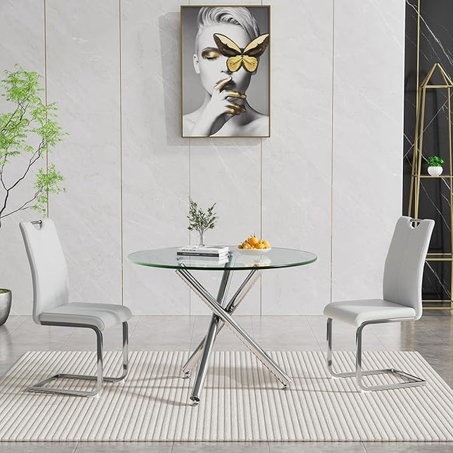 HomVent Round Glass Dining Table Set for 2, 3-Piece Modern Kitchen Table Set with 2 PU Upholstered Chair for Kitchen Dining Room, Glass Dining Room Table Set