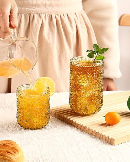Green Drinking Glasses Set of 8, 12 Oz Highball & 10 Oz Cocktail Glasses, Green Kitchen Vintage Glassware Set, Floral Embossed Glass Tumbler Cups for Water, Beer, Juice, Whiskey, Coffee