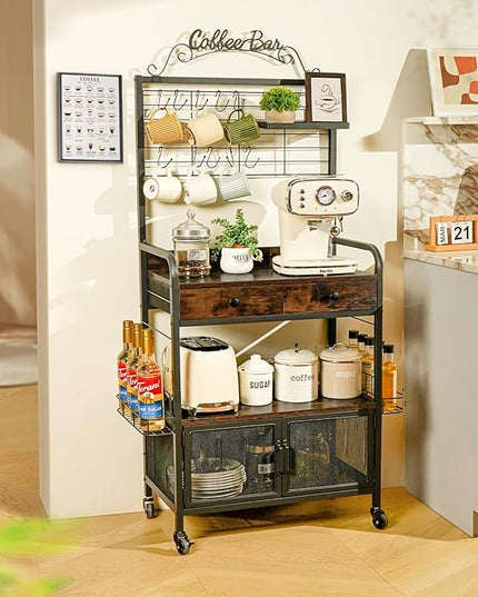 Coffee Bar Cart with Wheels, 5-tier Coffee Bar Table, Kitchen Coffee Bar Cabinet with Storage, Rustic Coffee Bar, Rolling Coffee Cart, Coffee Nook, Corner Coffee Bar Station with Drawer, Bakers Rack