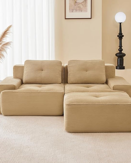 82" Convertible Modular Couches, Deep Seat L Shaped Sofas for Living Room, Modern 2 Seater Love Seat Sofa with 1 Ottoman for Small Space, Comfy Cloud Sectional Sofa Set, Corduroy Fabric Camel