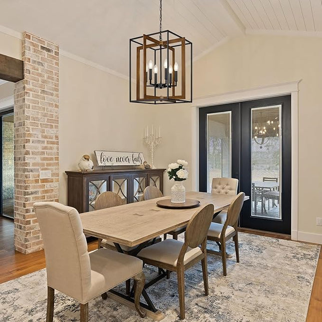 6-Light Rustic Farmhouse Chandelier for Dining Room, 20.6'' Modern Farmhouse Faux Wood Black Chandeliers, Adjustable Metal Lantern Hanging Light Fixture for Foyer, Kitchen, Entryway, Hallway