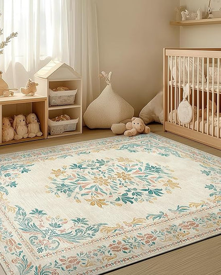 jinchan Vintage Floral 6x9 Area Rugs for Living Room - Machine Washable Distressed Design Soft Throw Rug Ultra-Thin Non-Slip Large Carpet for Bedroom Nursery Dining Room Home Office (6x9ft, Apricot)