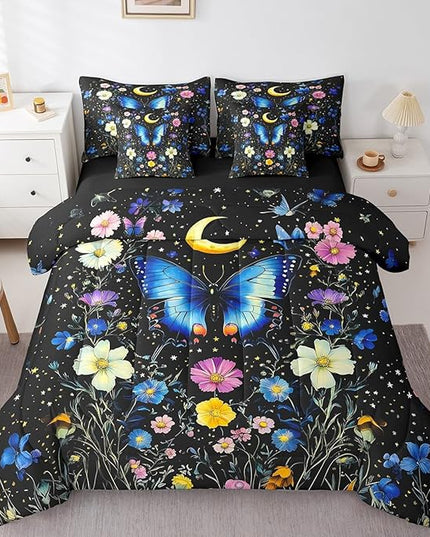 Feelyou 7Pcs Death Moth Comforter Sets Queen Size, Blue Butterfly Decor Moth Flower Garden Comforter Set Bed in a Bag(1 Comforter, 1 Flat Sheet 1 Fitted Sheet 2 Pillowcases and 2 Throw Pillow Covers)