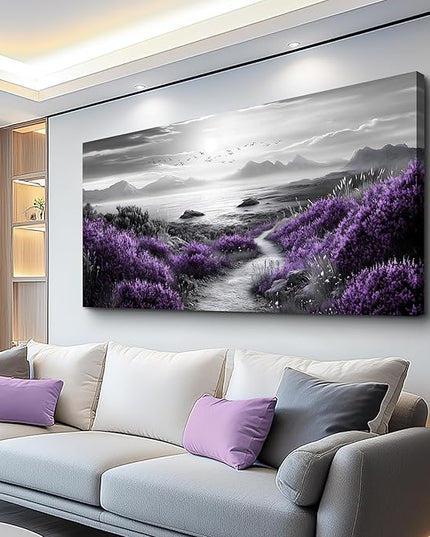 FUHAIHUA Canvas Wall Art For Living Room Large Wall Decor For Office Bedroom Decorations Purple Flowers Landscape Pictures Black And White Painting Artwork Wall Mural Aesthetic Home Decor 30x60 In