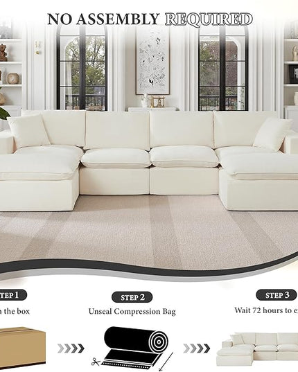 108" Sectional Couches for Living Room Boneless Couch Upholstered Cloud Couch Sectional Modular Sectional Sofa with L Shaped (Chenille-White, 4 Seat+2 Ottoman)
