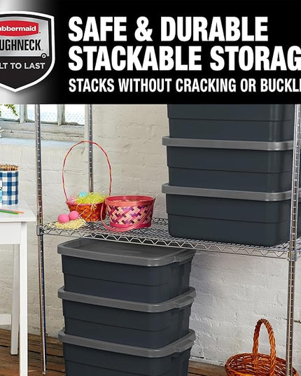 Rubbermaid 6-Pack Totes for Storage with Lids, Heavy Duty Plastic Storage Bins with Lids, Black Gray, 10 GAL - Stackable for Garage, Attic, Camping (10 GAL - 6 Pack Solid Black and Grey)
