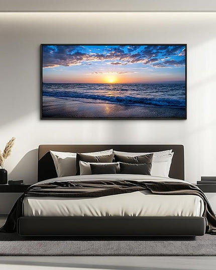 Blue Ocean Framed Wall Decor Living Room Large Size Canvas Wall Art For Bedroom Boho Home Decor Sea Beach Canvas Pictures Artwork Sunny Sea View Painting Office Wall Decorations Black Framed 24" X 48"