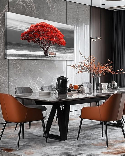 wall art for living room Decorations Photo Prints - panoramic black and white with red trees The moon Landscape - Modern Home Decor The room Stretched and Framed Ready to Hang artwork 20x40inches