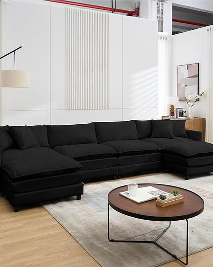 Modular Sectional Sofa,143.31'' Modern Sofa Sleeper Couch,Comfy Cloud Couches with 4 Seat & 2 Ottoman & 4 Pillows Sofa Set,Deep Seat Sofa with Movable Ottoman for Living Room,Chenille (Black,U shaped)