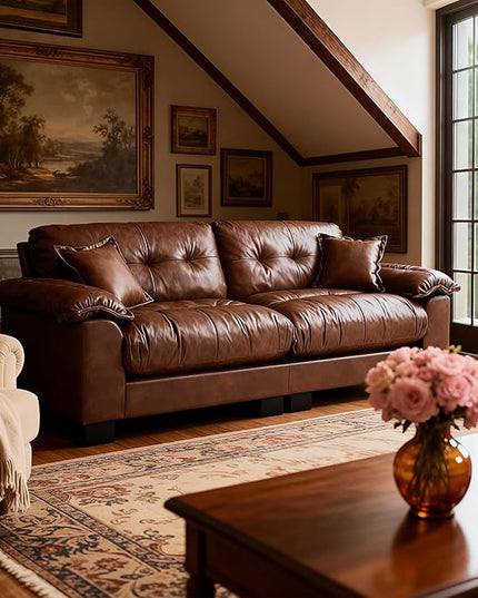 Faux Leather Sofa, Mid Century Modern Deep Loveseats, Comfy Cloud Couch, Tufted Pillow Top Arm Furniture for Living Room, Apartment, Cognac Brown